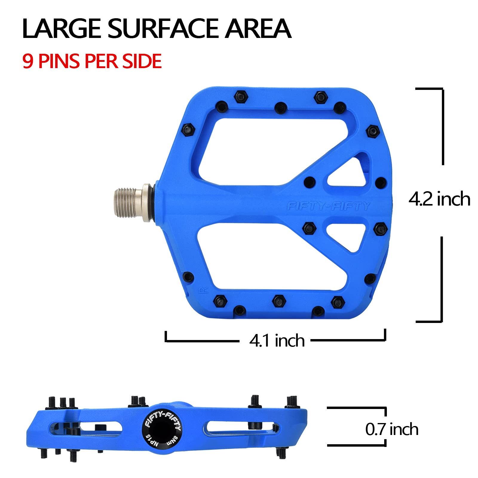 FIFTY-FIFTY Mountain Bike Pedals, Non-Slip MTB Nylon Composite, 9/16" Bicycle Pedals, Lightweight and Wide Flat Platform (Blue)
