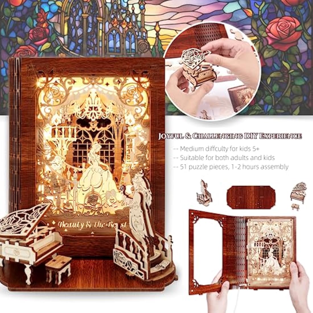 FUNPOLA Beauty and the Beast 3D Wooden Puzzle for Adults – Beauty and the Beast 3D Puzzle Storybook Lamp – 3D Wood Puzzles Décor Model Kit for Kids and Adults