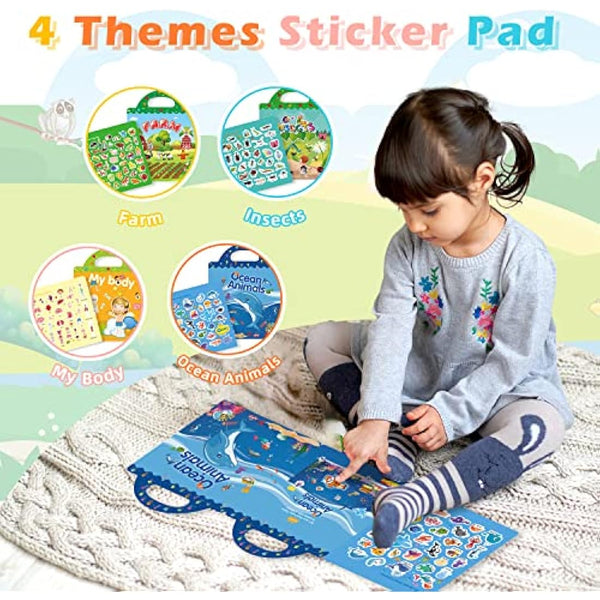 GUYUCOM 4 Pack Reusable Sticker Books, Toys for Age 2 3 4 Year Old Kids Boys Toddlers, 3D Clear Ocean Boay Insect Farm Sticker Book Educational Learning Toy Birthday Gifts