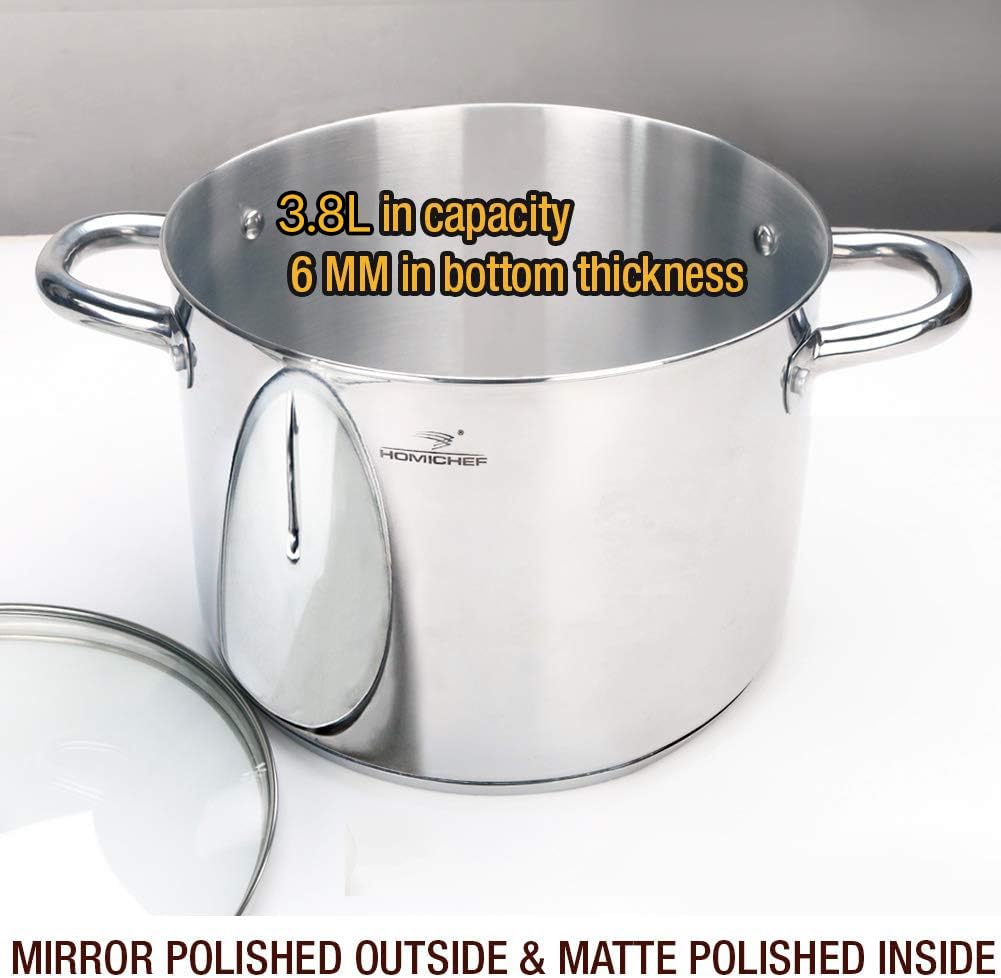 HOMICHEF Stock Pot 20.5 cm 3.8 Litre Nickel Free Stainless Steel - 3.8 Litre Pot with Lid and Handle - 3.8 Litre Saucepan with Lid - Soup Pot Small