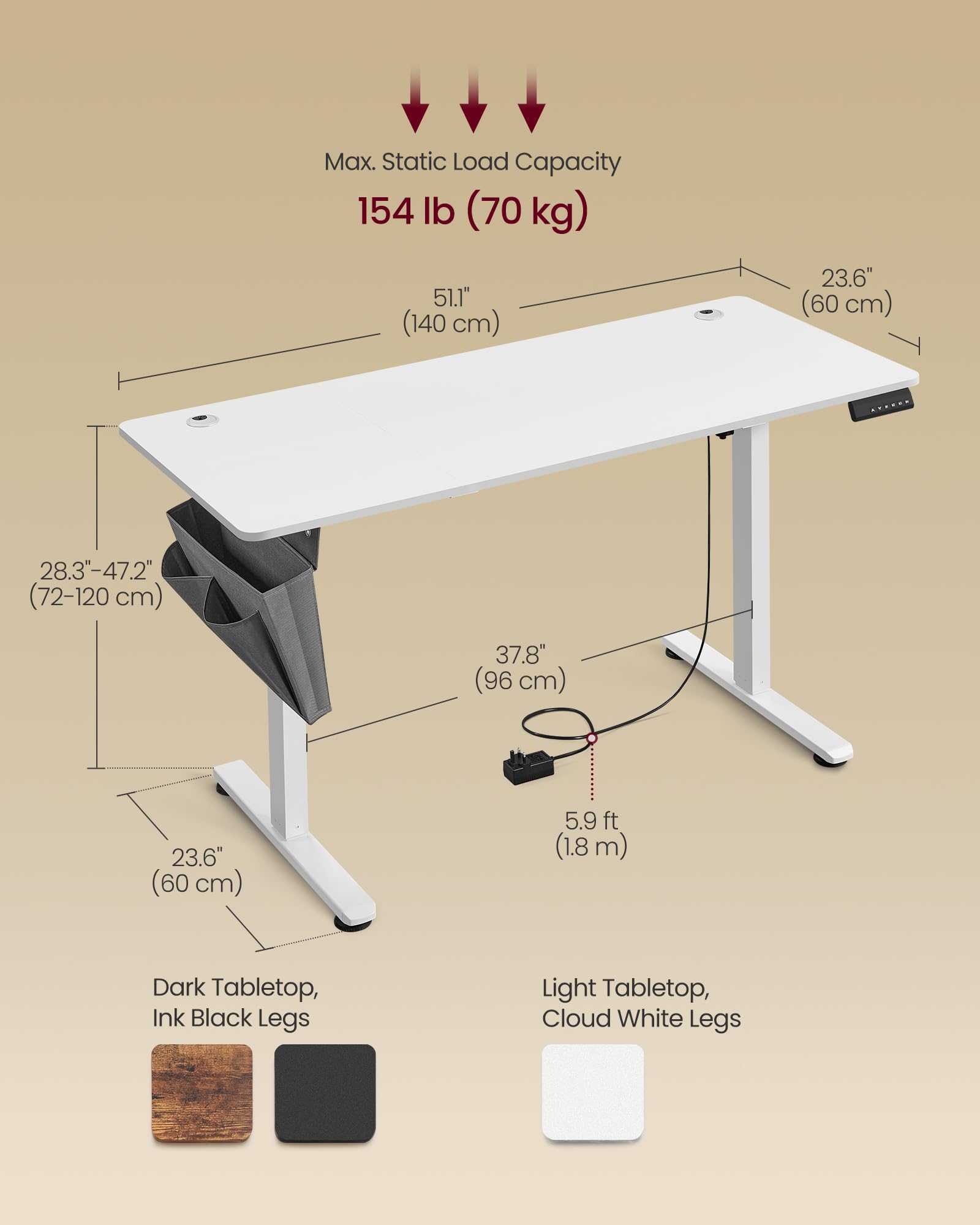 VASAGLE Electric Standing Desk, Height Adjustable Desk, 60 x 140 x (72-120) cm, 4 Memory Heights, Storage Pocket, for Home Office, Study, Rustic Brown and Ink Black LSD134K02