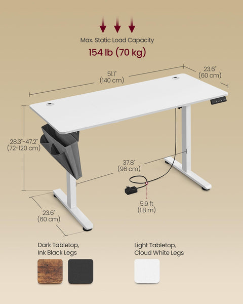 VASAGLE Electric Standing Desk, Height Adjustable Desk, 60 x 140 x (72-120) cm, 4 Memory Heights, Storage Pocket, for Home Office, Study, Rustic Brown and Ink Black LSD134K02
