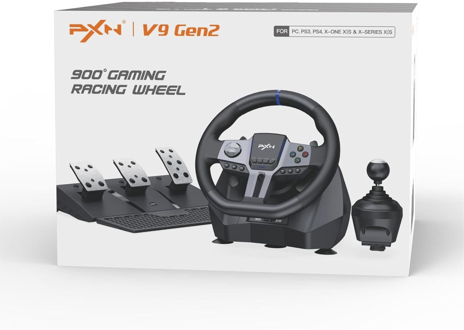 PXN V9 Gen2 PC Racing Wheel with Pedals and Shifter Vibration Feedback Hall Effect Pedal H-Shifter, Paddle Shifters Tools APP Steering Wheel for PC PS4 Xbox One Xbox Series X S