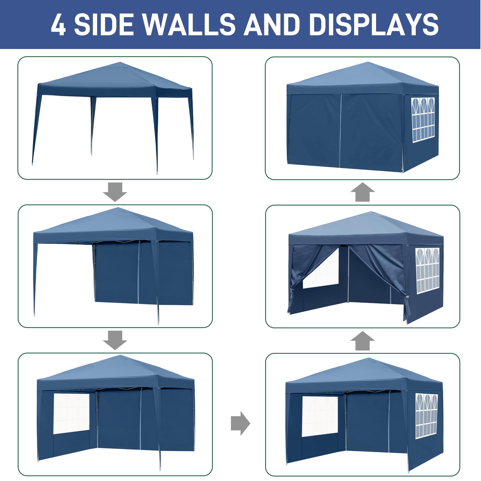 Outopee 3m x 3m Ez Pop Up Canopy Tent with 4 SideWalls, Outdoor Gazebo Portable Instant Canopy for Commercial Events, Party, Backyard BBQ, Camping, Blue