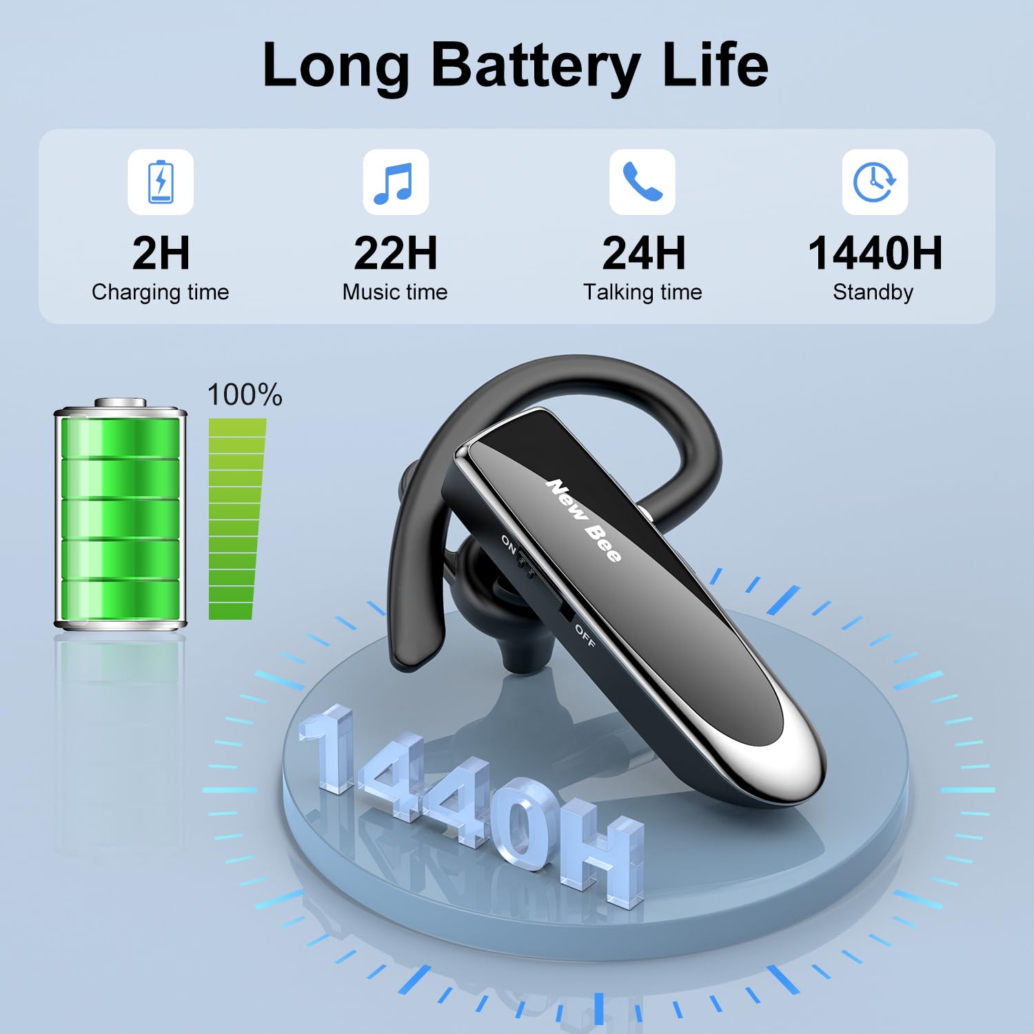 New bee Handsfree Bluetooth Earpiece, Wireless Bluetooth Headset with Microphone 60 Days Standby Headphones with Microphone for iPhone, Samsung, HTC, LG, Sony, PC (Black)