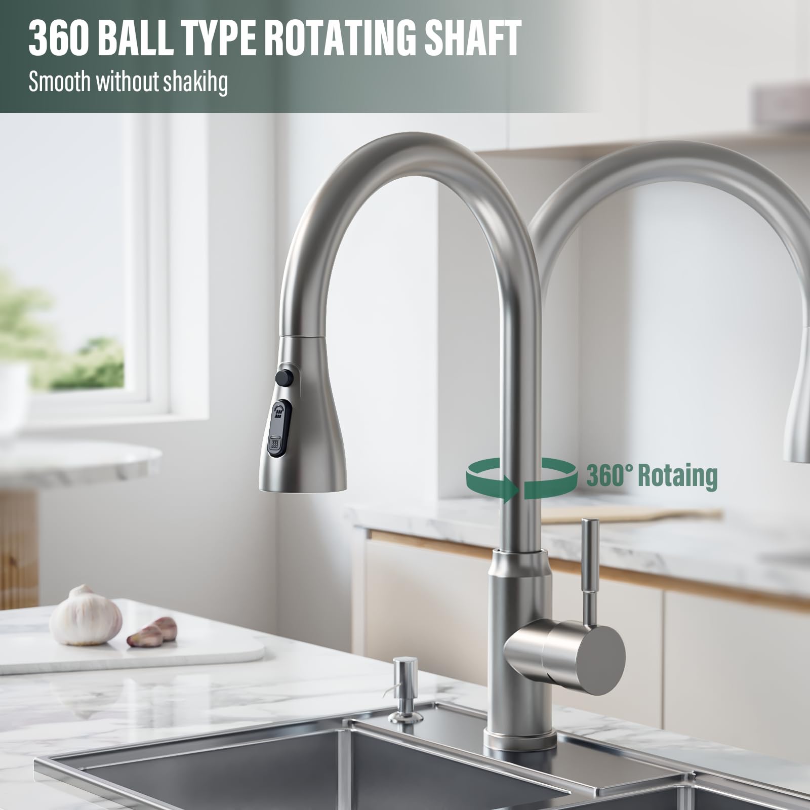 ModHm Pull-Out Kitchen Taps, Brushed Steel Single Handle High-Arc with Hot/Cold Dual Hose Kitchen Mixer Tap, Countertop 360° Swivel Dual Spray Modes Faucet, Easy Installation with Fittings Included