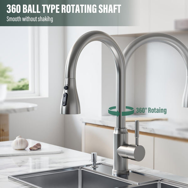ModHm Pull-Out Kitchen Taps, Brushed Steel Single Handle High-Arc with Hot/Cold Dual Hose Kitchen Mixer Tap, Countertop 360° Swivel Dual Spray Modes Faucet, Easy Installation with Fittings Included