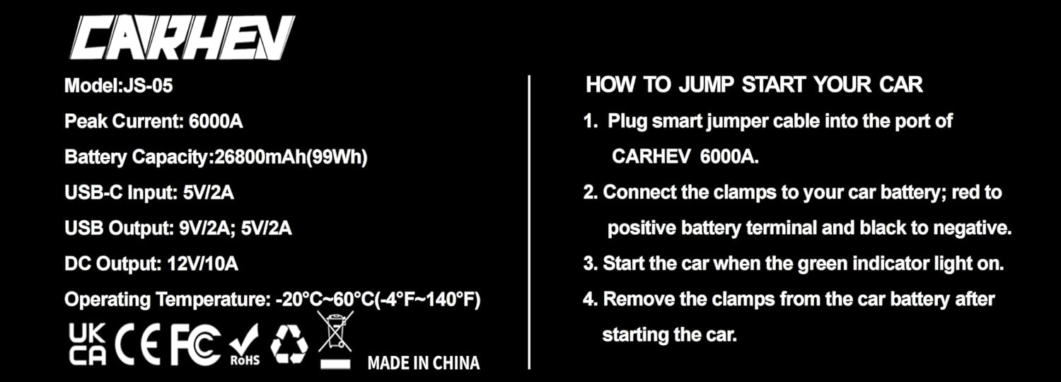 CARHEV 6000A Jump Starter Power Pack, Car Battery Booster Jump Starter (up to 10.0L Gas or 10.0L Diesel Engine), 12V Car Starter Power Bank with USB QC 3.0, Jump Pack With DC Output