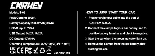 CARHEV 6000A Jump Starter Power Pack, Car Battery Booster Jump Starter (up to 10.0L Gas or 10.0L Diesel Engine), 12V Car Starter Power Bank with USB QC 3.0, Jump Pack With DC Output