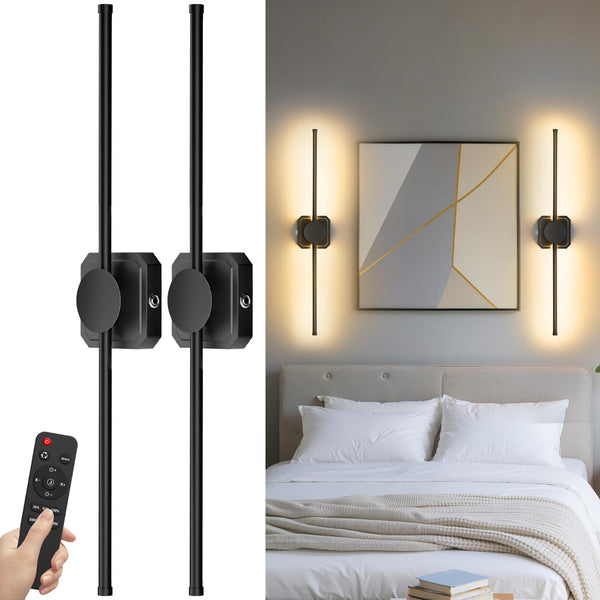 Battery Operated Wall Lights Indoor,USB Rechargeable LED Wall Lamps,with Remote Control,Dimmable Touch Wireless Black 72cm 350°Rotation Modern Wall Light for Living Room/Bedroom,2 Pack [Energy C]