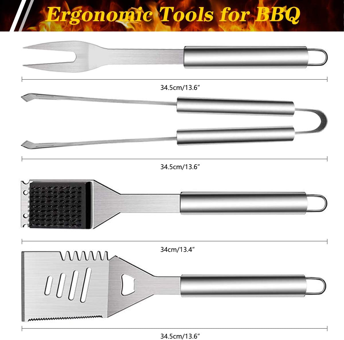 QH7 10 Pack BBQ Barbecue Tool Set, Stainless Steel Outdoor Barbecue Grill Utensils Set with Storage Bags for Picnics and Outdoor Activities
