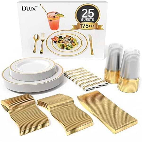 DLux 175 Pieces Gold Plastic Dinnerware Set for 25 Guests, (25 Forks, Knives, Spoons, Cups, Straws, Salad & Dinner Plates) for Wedding and Party,