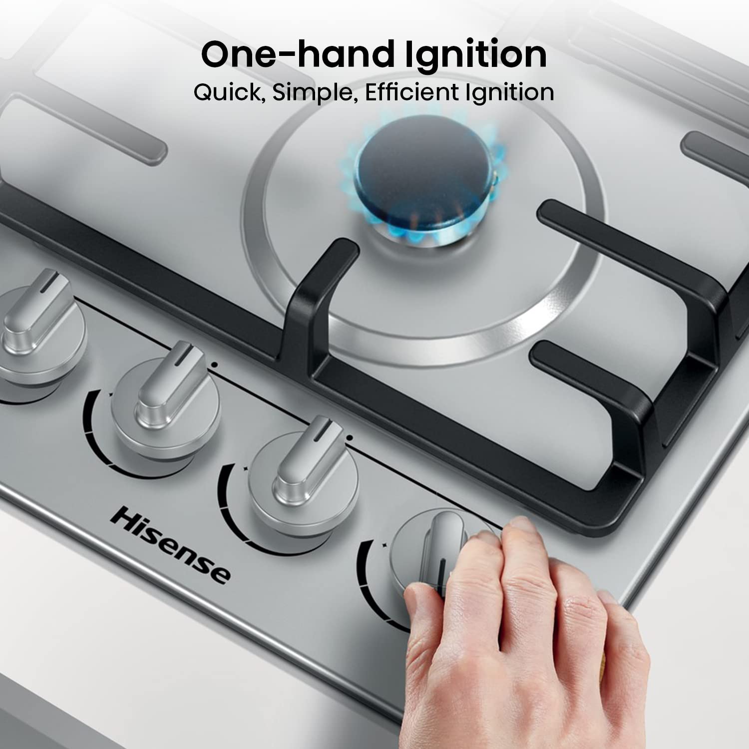 Hisense GM773XF 75cm 5 Burners Built-in Gas Hob with Easy Clean Surface, Wok Burner - Stainless steel