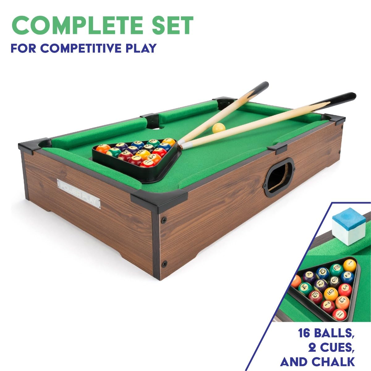 Power Play | Pool Table Game, Portable Wooden Classic Games Table, Indoor Outdoor Game for Kids and Adults, Brown 25inch