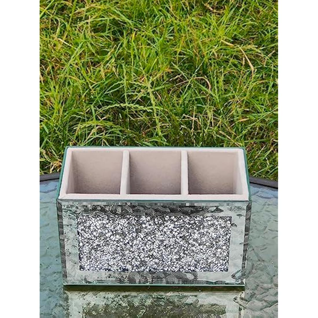 EagleWiz Crushed Diamond Jewel Brush Holder Organiser Beauty Box, 3 Compartment Makeup Storage Box, Silver