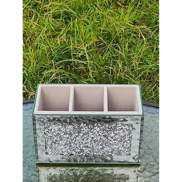 EagleWiz Crushed Diamond Jewel Brush Holder Organiser Beauty Box, 3 Compartment Makeup Storage Box, Silver