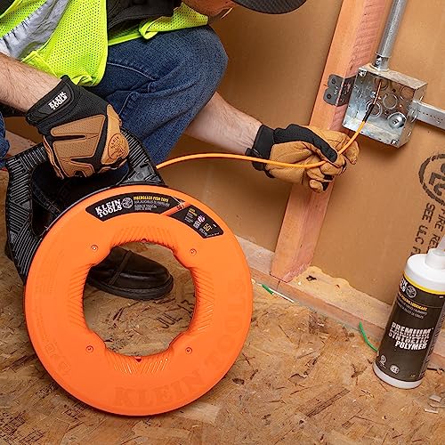 KLEIN TOOLS 56382 Fish Tape, Multi-Groove Fiberglass Wire Puller with Nylon Tip, Optimized Housing and Handle,Orange/Black, 15 m