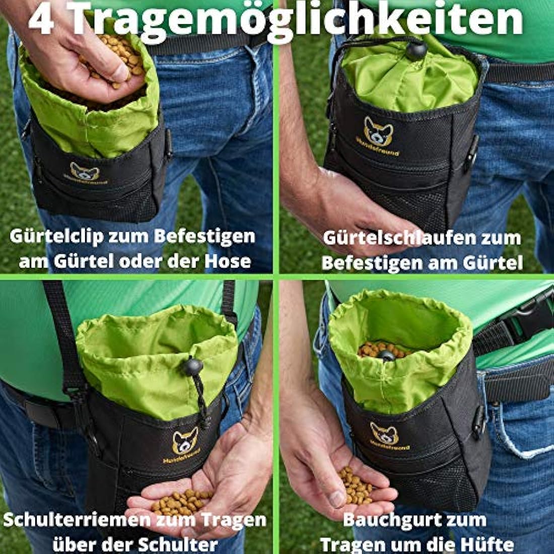 Hundefreund Dog Treat Bag | 4 in 1 with Waist Strap, Belt Clip, Belt Straps and Shoulder Strap | 4 Compartments