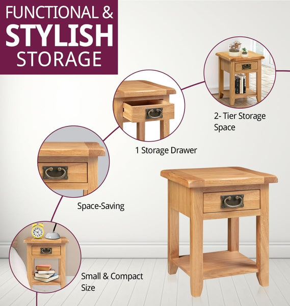 Hallowood Furniture Monchique Small Solid Oak Side Table with Drawer and Shelf, Wooden Lamp or Bedside Table with Lower Storage Unit, Bedroom and