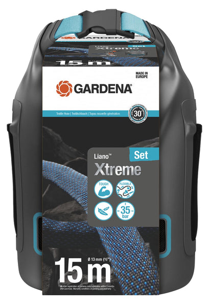 Gardena Liano Xtreme 1/2 inch, 15m + bag: Extremely robust textile garden hose, for indoor water taps, with PVC inner tube, lightweight,