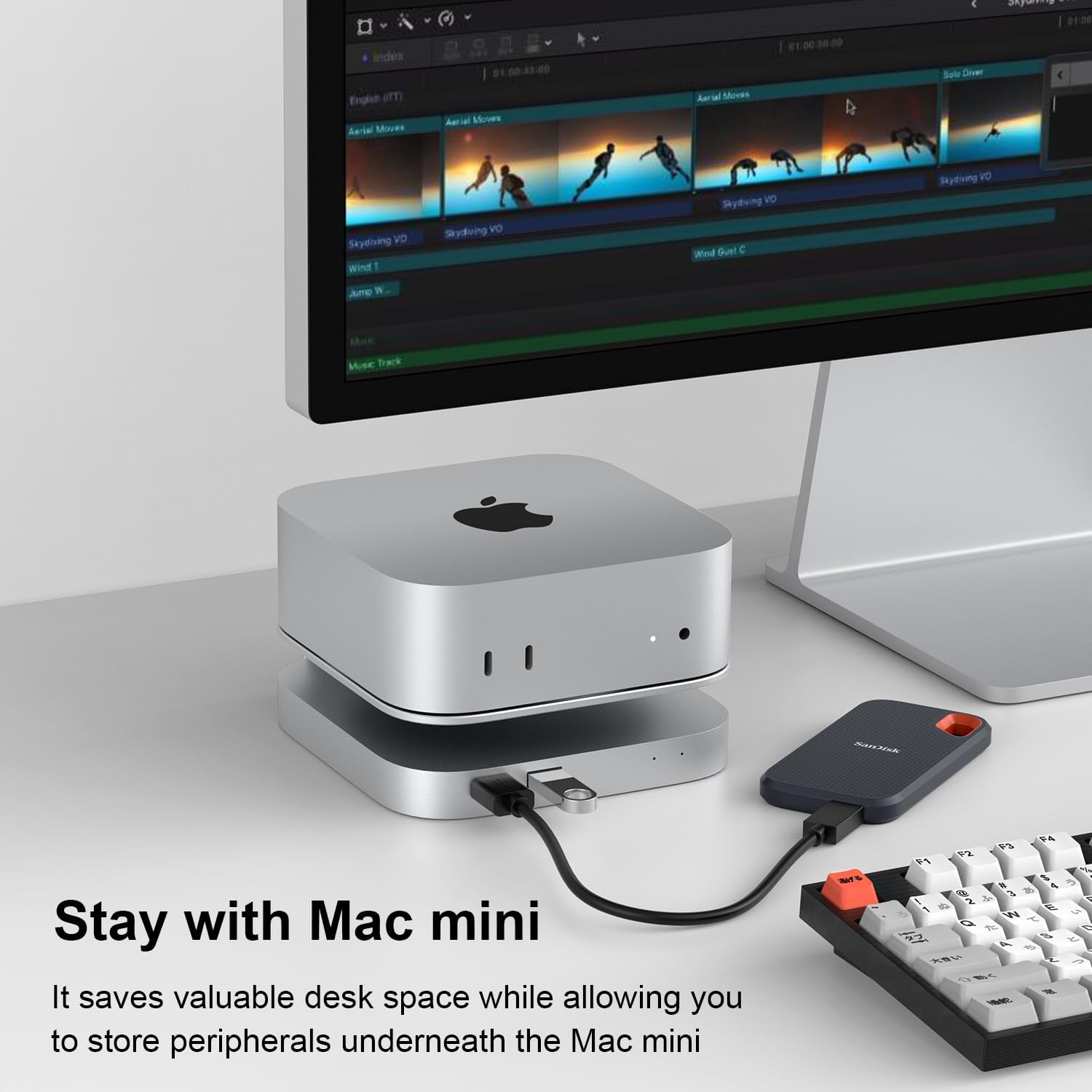 Qwiizlab 40Gbps Mac mini M4/M4 Pro Stand Hub with USB4 NVMe SSD Enclosure, USB-C Host, 3 USB-A 2.0, 3.5mm Audio, Supports M.2 PCIe up to 8TB, Compatible with Thunderbolt 4/5