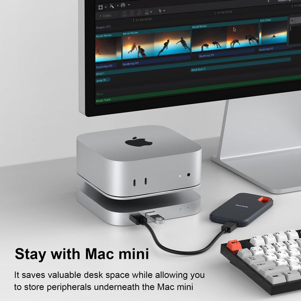 Qwiizlab 40Gbps Mac mini M4/M4 Pro Stand Hub with USB4 NVMe SSD Enclosure, USB-C Host, 3 USB-A 2.0, 3.5mm Audio, Supports M.2 PCIe up to 8TB, Compatible with Thunderbolt 4/5