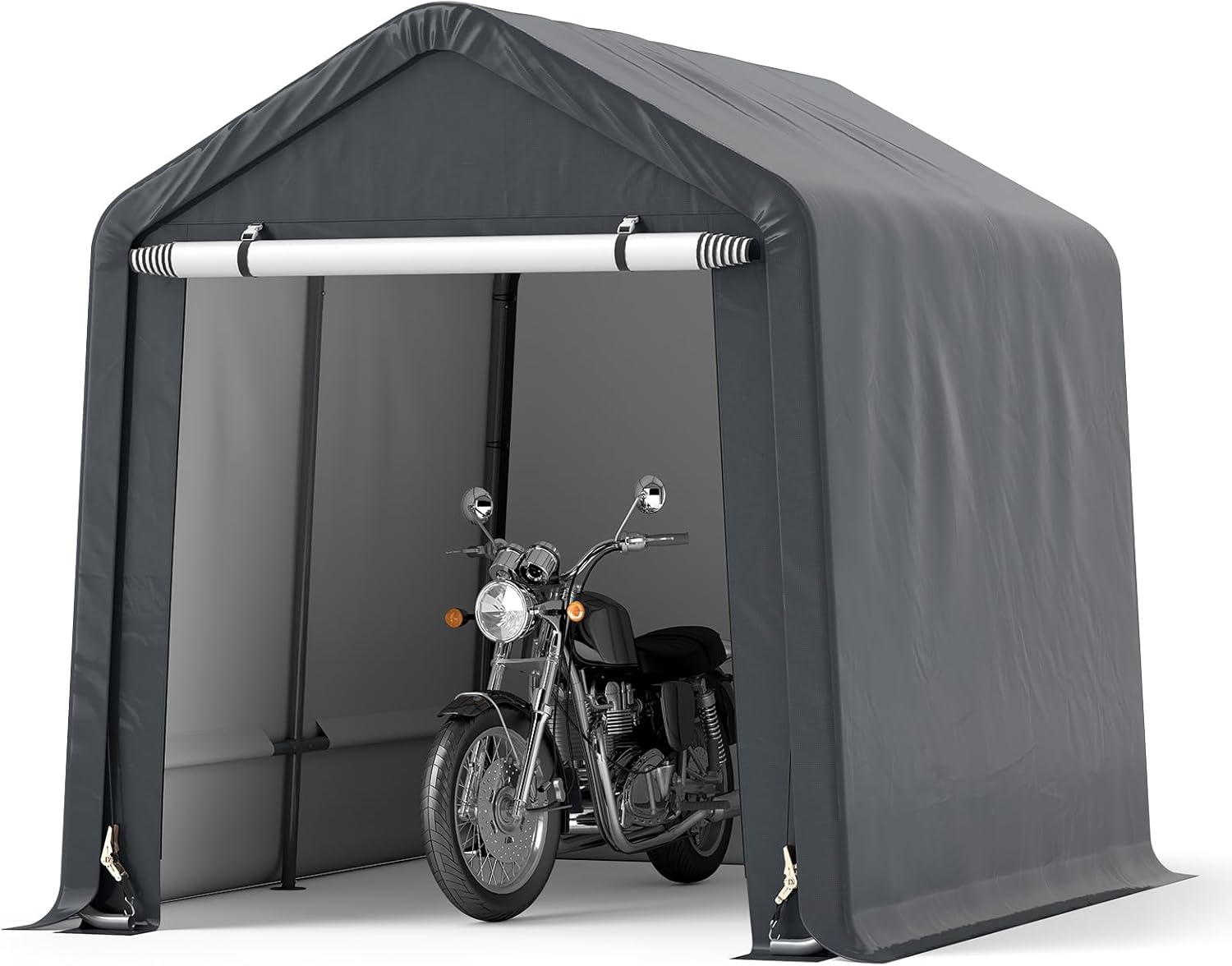 COSTWAY 7x5.2FT Garden Storage Shed, Waterproof Bike Tent with Roll-up Zipper Door, Ratchet Strap & Ground Stakes, Galvanized Steel Motorcycle Storage Shelter Carport for Patio Yard Garage