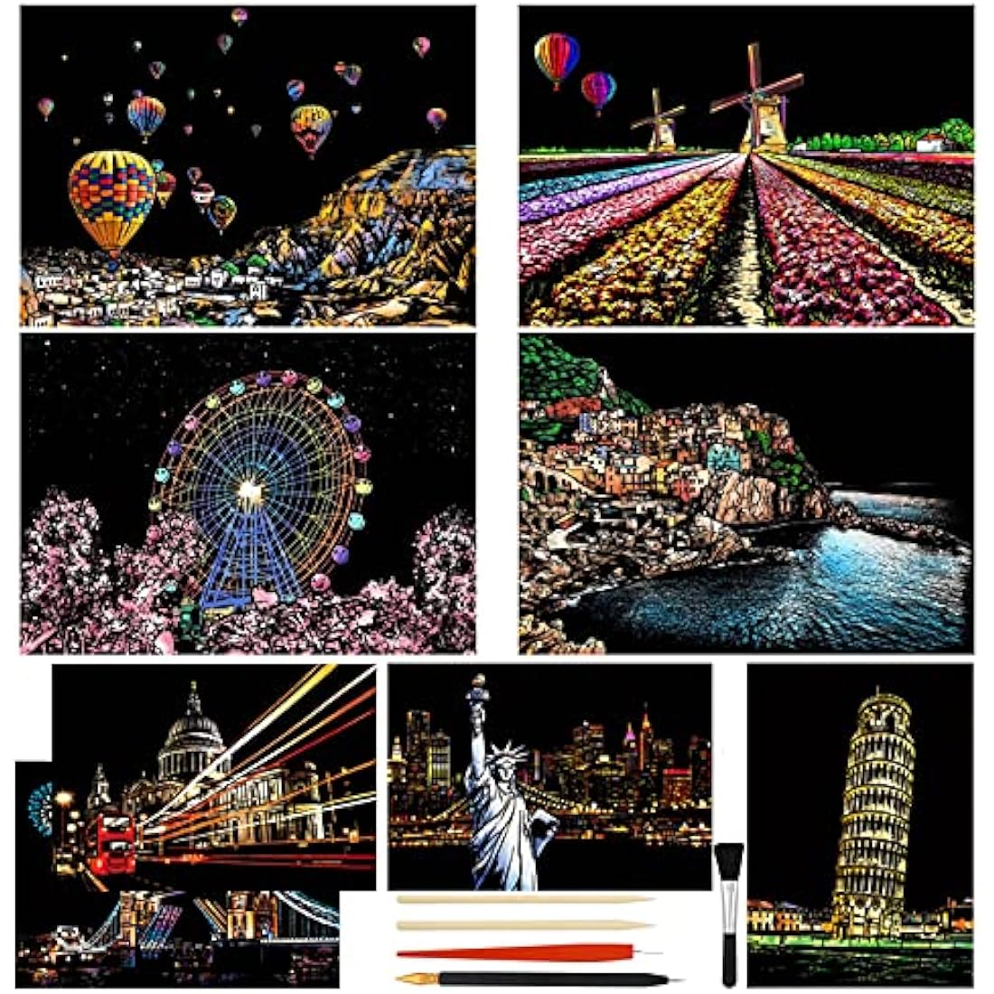 Heyu-Lotus 8pcs Scratch Art Paper Rainbow Painting Sketch City Series Night Art Craft Scratch Scratchboard for Adult and Kids with 5 Tools