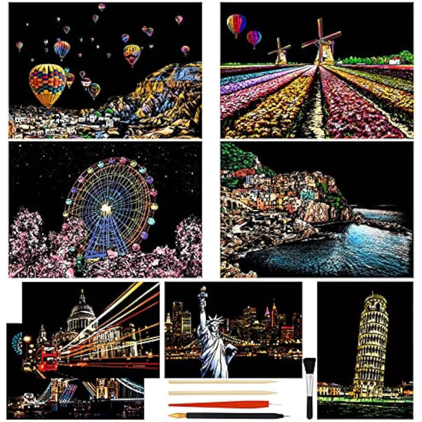 Heyu-Lotus 8pcs Scratch Art Paper Rainbow Painting Sketch City Series Night Art Craft Scratch Scratchboard for Adult and Kids with 5 Tools