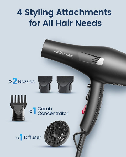 HappyGoo Hair Dryer Professional Ionic Hairdryer Fast Drying Salon with 2 Speed 3 Heat Setting, Cool Button, with Diffuser, Nozzle, Concentrator Comb for Women Man
