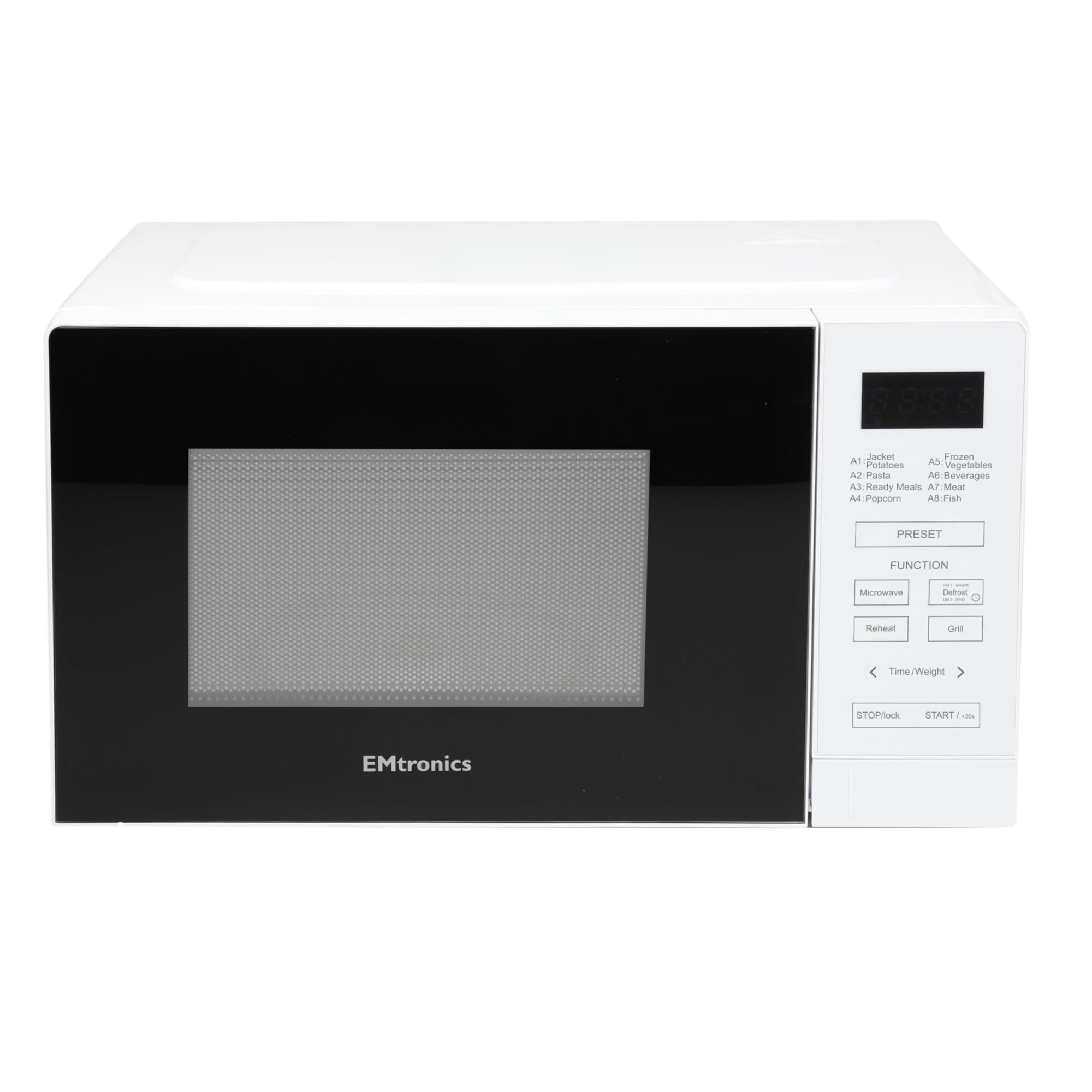EMtronics 20 Litre 700W Digital Microwave with 800w Grill, 10 Power Levels, 8 Preset Options, Defrost Function and Cavity Light - White