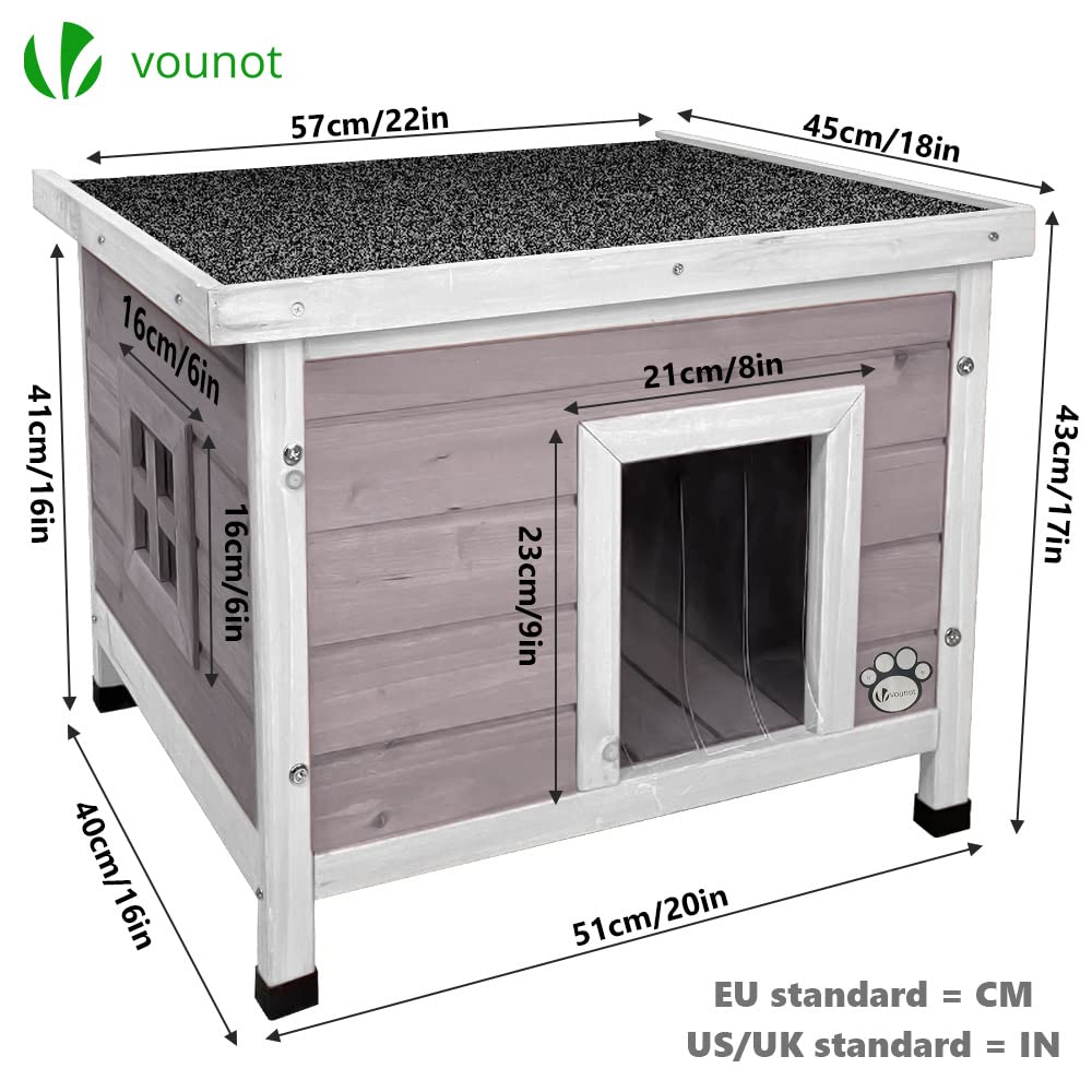 VOUNOT Cat House Outdoor with Kennel Door Privacy Window Cat Wooden Shelter 57x45x43cm, Grey