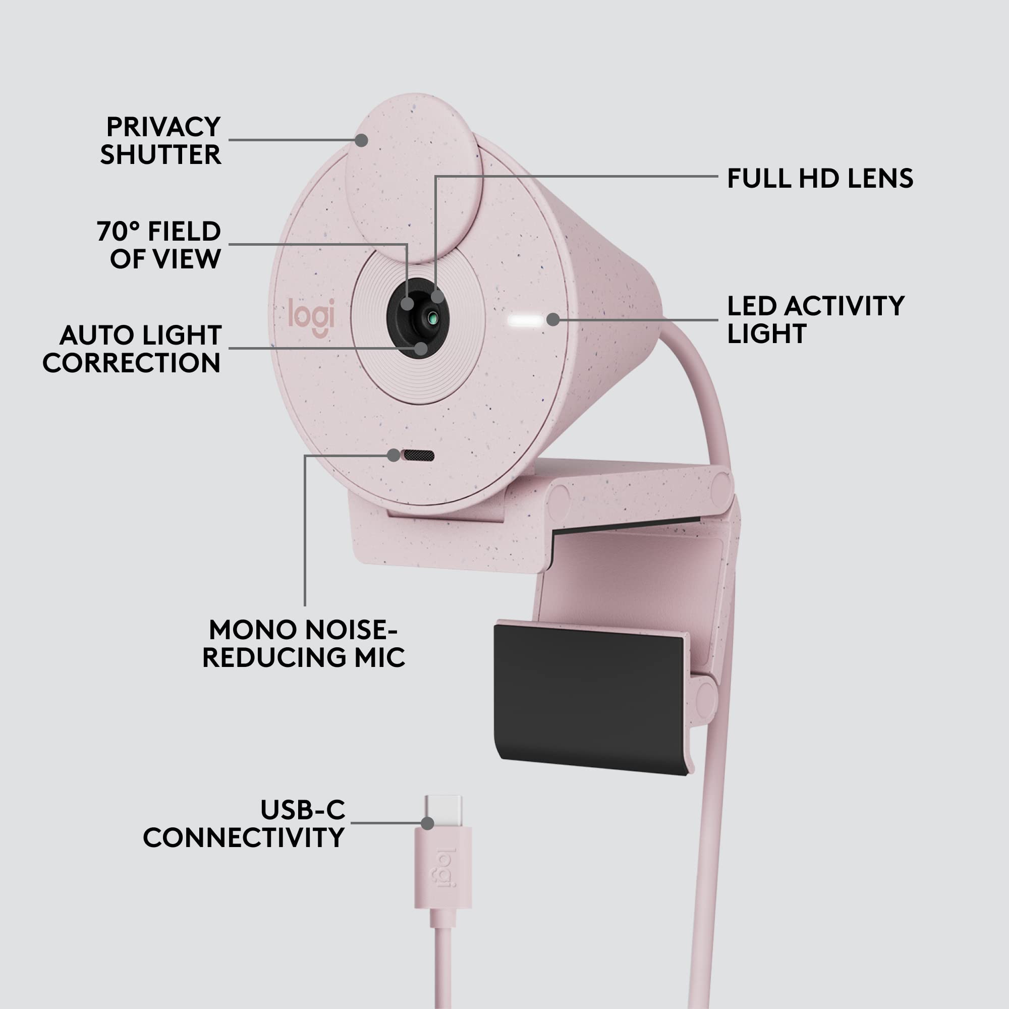 Logitech Brio 300 Full HD Webcam with Privacy Shutter, Noise Reduction Microphone, USB-C, Ceritified for Zoom, Microsoft Teams, Google Meet, Auto Light Correction, Streaming Webcam - White