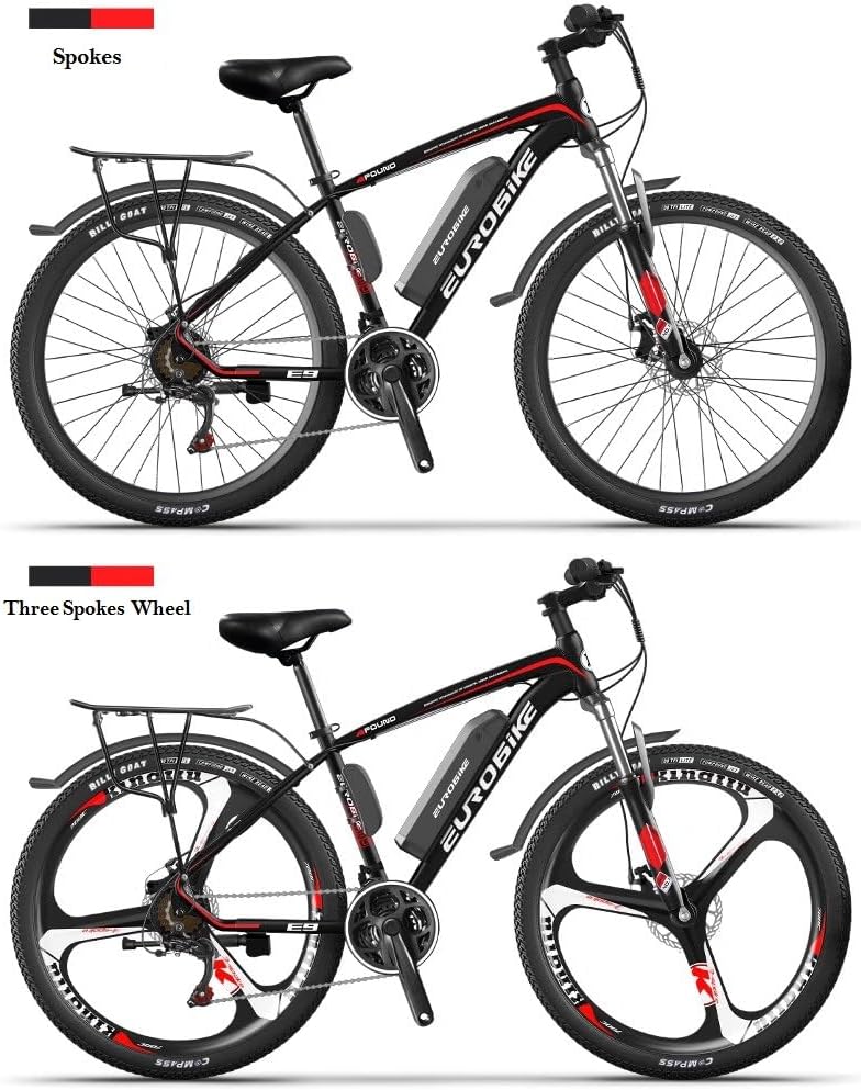 Eurobike EMTB 26 Inch Wheel Electric Mountain Bike with 27 Speeds, Dual Disc Brakes, Lightweight Aluminium Frame, and Front Suspension E-Bike E9, Black