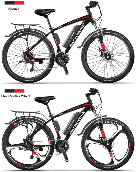 Eurobike EMTB 26 Inch Wheel Electric Mountain Bike with 27 Speeds, Dual Disc Brakes, Lightweight Aluminium Frame, and Front Suspension E-Bike E9, Black