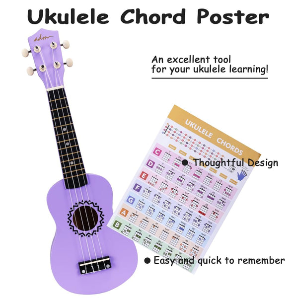 ADM Soprano Ukulele Set for Kids and Beginners, Ukulele Starter Kit with Bag, Clip-On Tuner, Rainbow Strings, Colourful Strap, Plectrum, Fingerboard Sticker, Chord Card (Dark Blue)