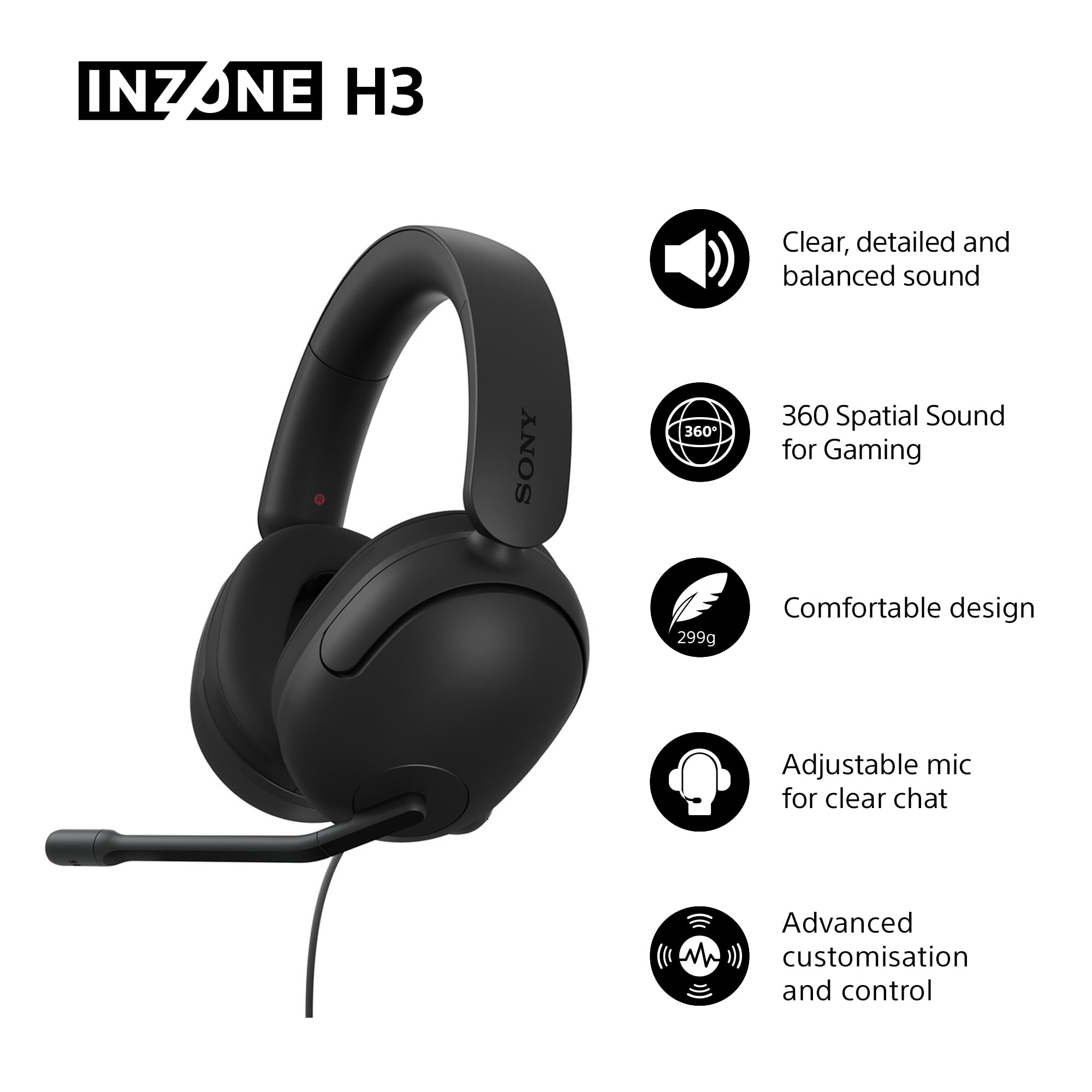 Sony INZONE H3 Wired Gaming Headset – PC/PS5, 360 Spatial Sound for Gaming, Lightweight 299g Design, Flip-to-Mute Boom Microphone, USB Audio Box for Custom EQ – Black