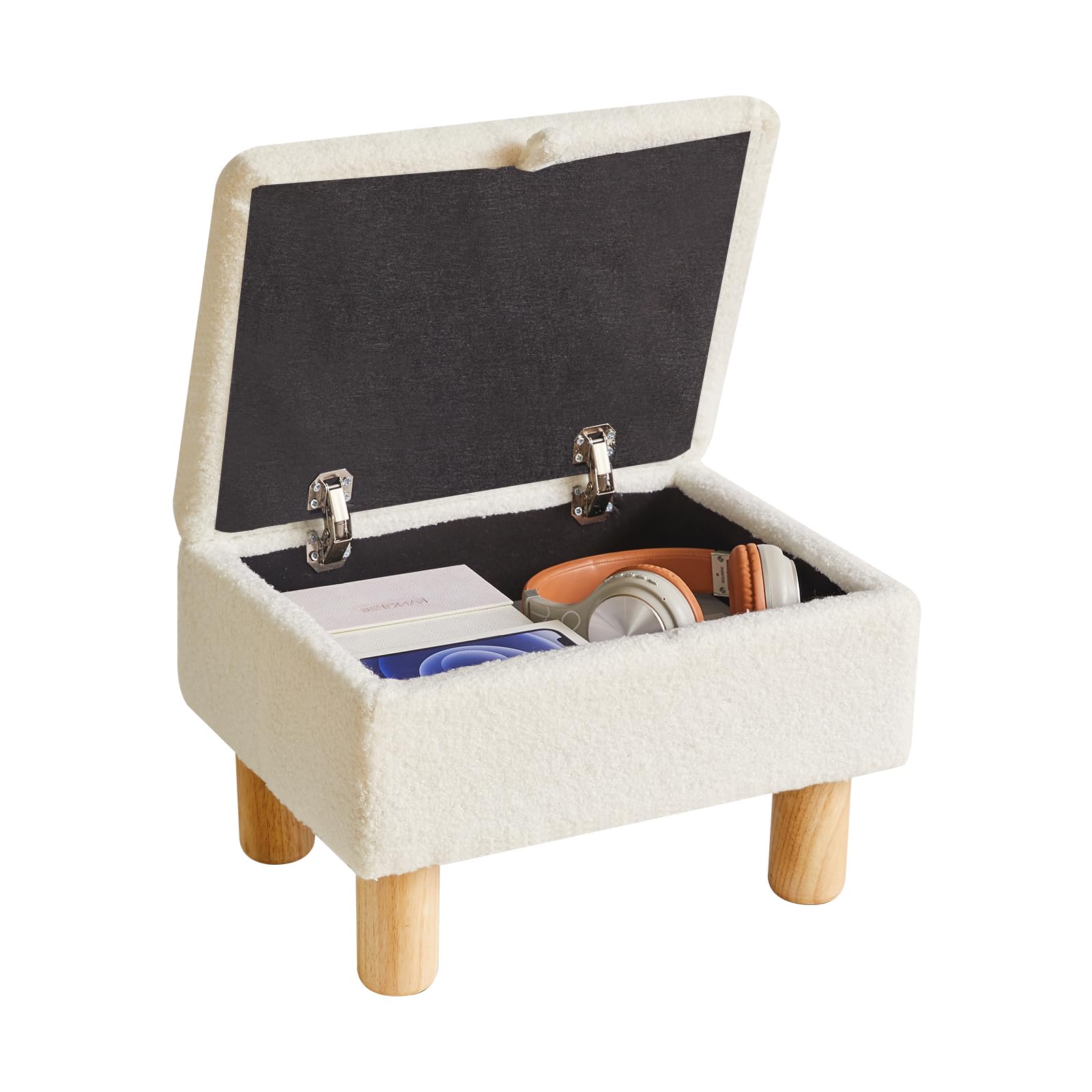 Aibiju Small Footstool with Storage, Faux Teddy Fur Foot Stool Ottoman with Wooden Legs, Change Shoes Stool for Living Room Bedroom Entryway