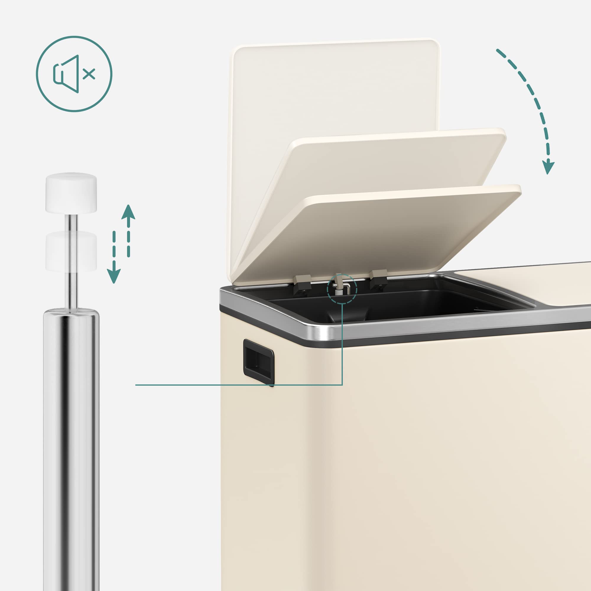 SONGMICS Dual Rubbish Bin, 2 x 30 L Recycling Bin with 15 Rubbish Bags, 2-Compartment Metal Pedal Bin with Lids and Plastic Inner Buckets, Soft Closure, Slate Grey LTB060G01