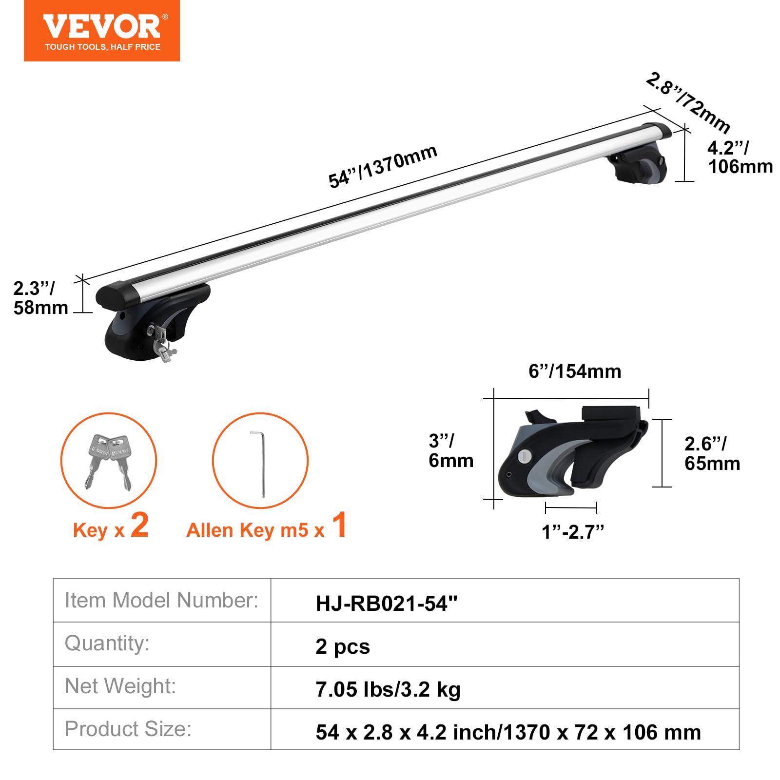 VEVOR Universal Roof Rack Cross Bars, Aluminum Roof Rack Crossbars, Fit Raised Side Rail with Gap, 90KG Load Capacity, Adjustable Crossbars with Locks, for SUVs, Sedans, and Vans