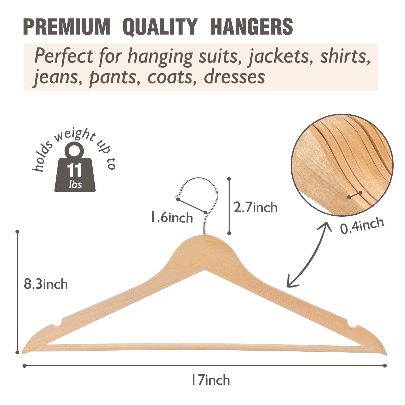 Edergoo Wooden Hangers 30 Pack, Smooth Surface Wooden Coat Hangers Adult, 360 Swivel Hook and Precisely Cut Notches Hangers for Clothes, Suit,