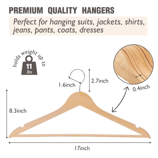 Edergoo Wooden Hangers 30 Pack, Smooth Surface Wooden Coat Hangers Adult, 360 Swivel Hook and Precisely Cut Notches Hangers for Clothes, Suit,