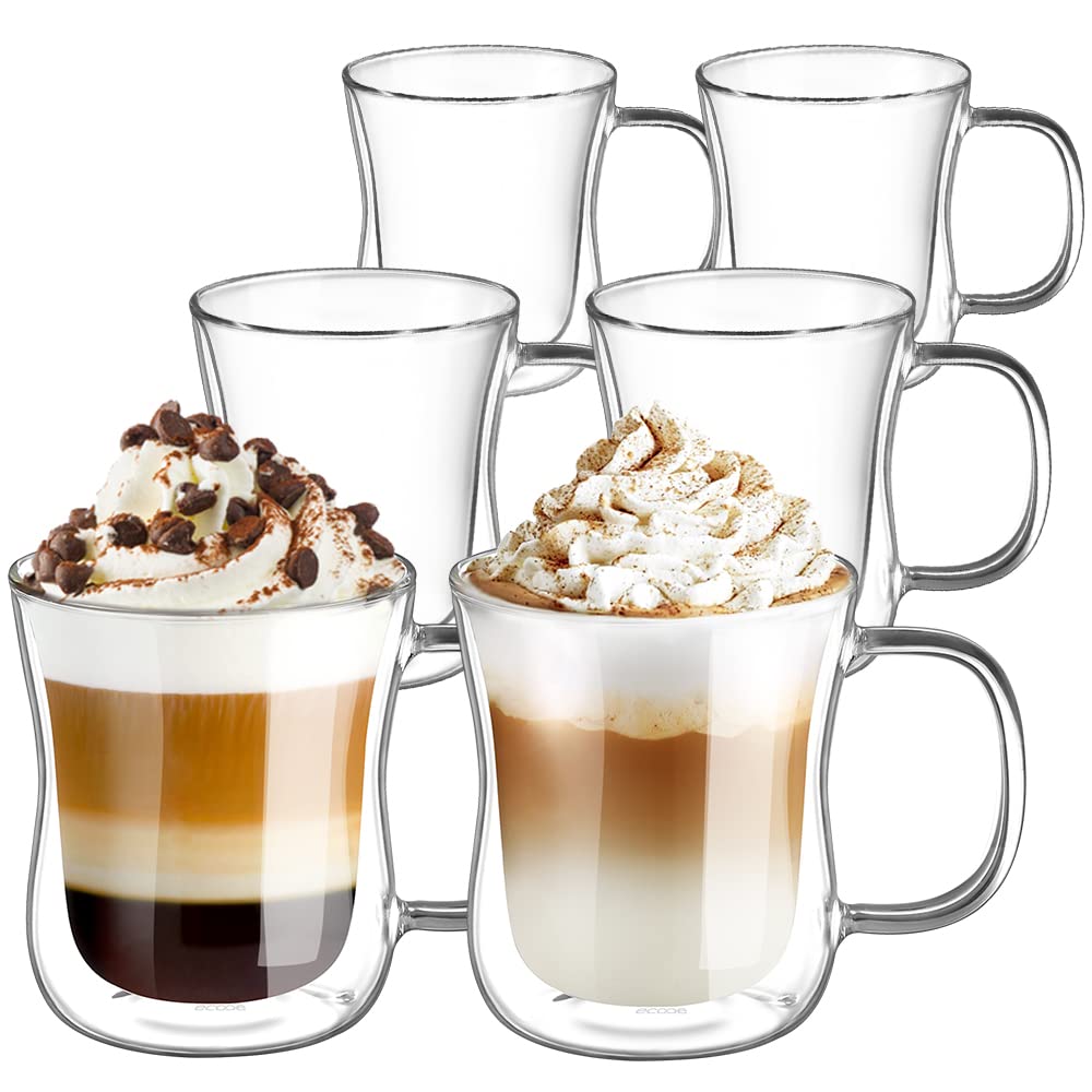 ecooe 6x350ml Double Walled Coffee Glasses Mugs Cappuccino Latte Macchiato Glasses Cups with Handle Borosilicate Heat Resistant Glass Cups for Coffee