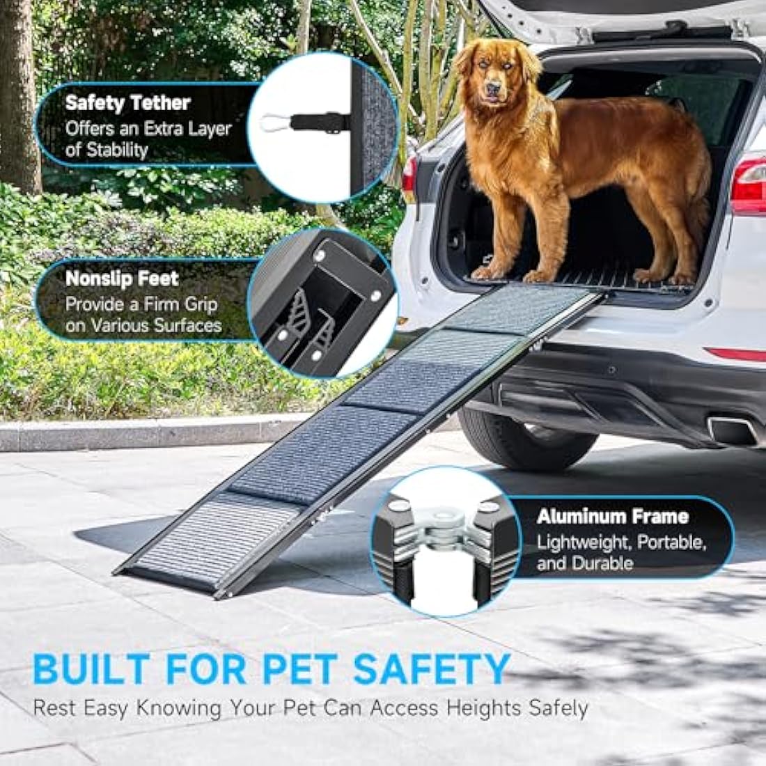CO-Z Dog Ramp for Car, 160 cm Folding Pet Ramp for Large Dogs up to 90 kg with Non-Slip Rug Surface, Portable Dog Pet Stairs for Car SUV Truck Bed Sofa, Indoor and Outdoor Use