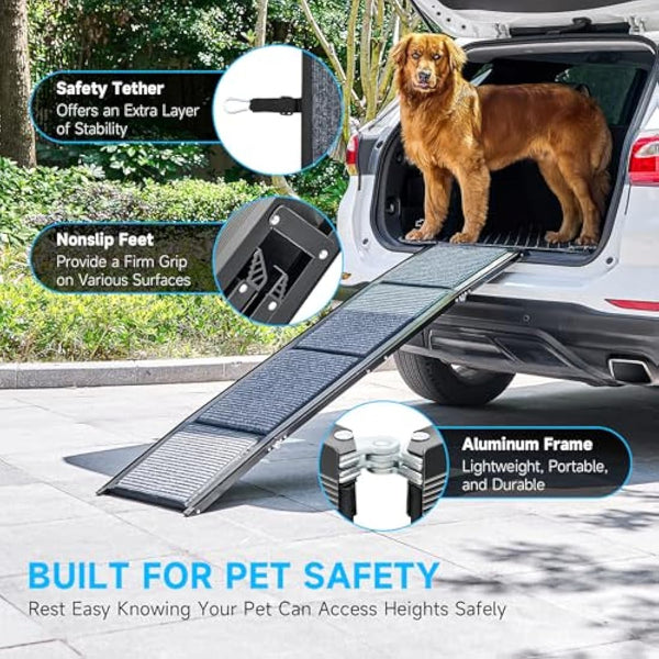 CO-Z Dog Ramp for Car, 160 cm Folding Pet Ramp for Large Dogs up to 90 kg with Non-Slip Rug Surface, Portable Dog Pet Stairs for Car SUV Truck Bed Sofa, Indoor and Outdoor Use