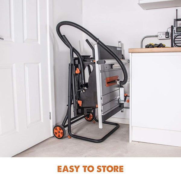 Evolution Power Tools R255TBLX+ Table Saw With Stand (Next Gen Rage 5-S) Multi-Material Cutting Blade Included Cuts Wood Metal Plastic, 45˚ Bevel, +/- 60˚ Mitre Angle, 85mm Cut Depth, 1800w Motor 240v