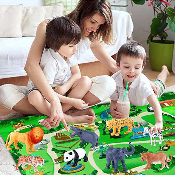 INNOCHEER Safari Animals Figures Toys, Realistic Wild Zoo Animals Figurines with Play Mat, Large Jungle Animals Playset with Elephant, Giraffe, Lion, Tiger, Gorilla Panda...for Kids Toddlers, Gift Set