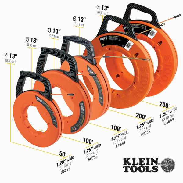KLEIN TOOLS 56382 Fish Tape, Multi-Groove Fiberglass Wire Puller with Nylon Tip, Optimized Housing and Handle,Orange/Black, 15 m