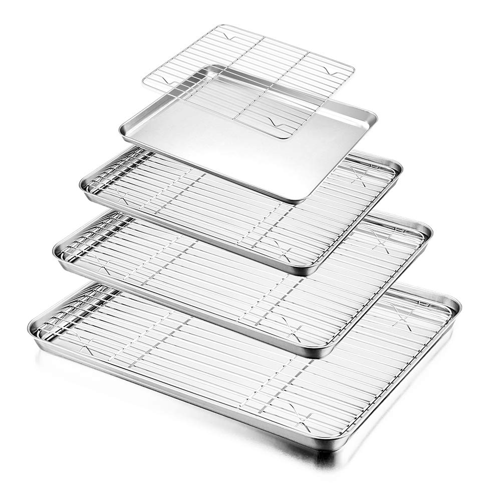 HaWare Baking Tray with Rack Set (4 Sheets + 4 Racks), 100% Stainless Steel Rimmed Cookie Sheet Pans, Toaster Oven Tray with Cooling Rack, Non Toxic &