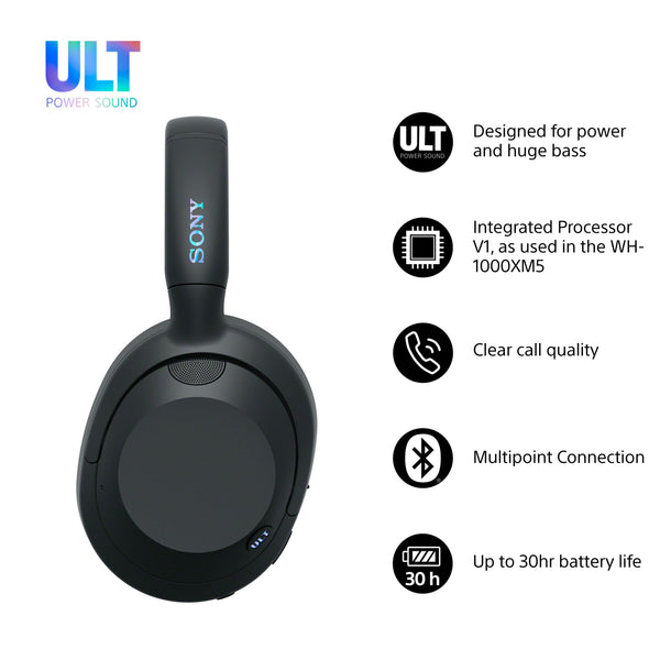 Sony ULT WEAR - Wireless Noise Cancelling Headphones, ULT POWER SOUND, Ultimate Deep Bass, Same Processor as WH-1000XM5, Clear Calls, 30hr Battery, IOS & Android - Black